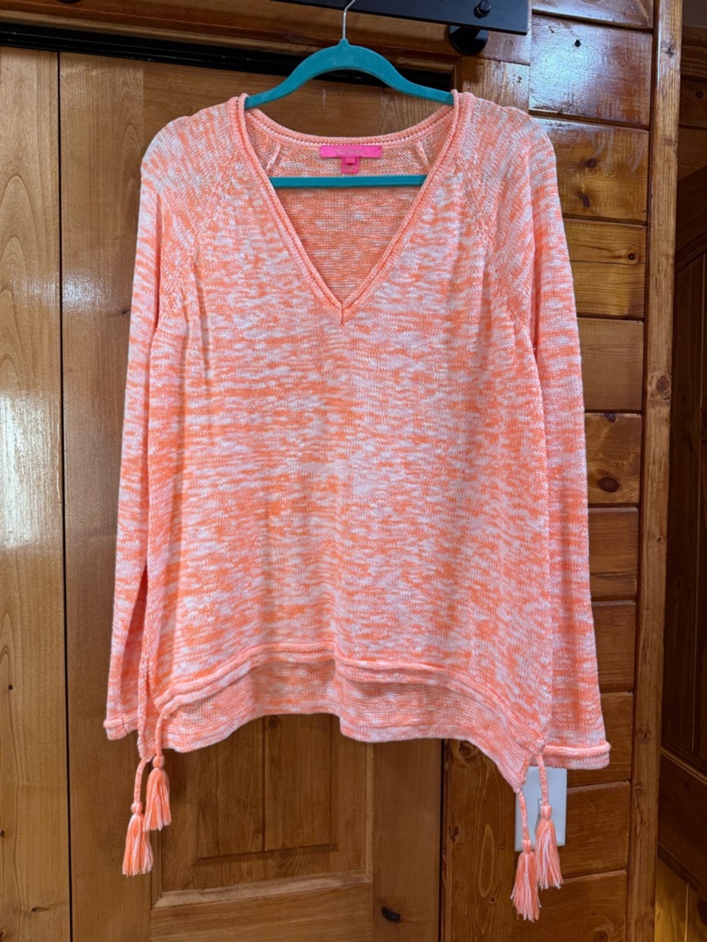 Lilly Pulitzer Coral and Cream Marled V-Neck Tassel Hem Sweater